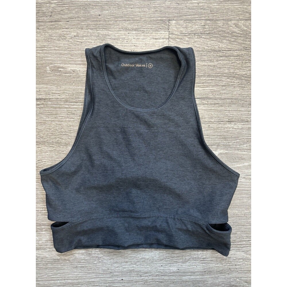 Outdoor Voices Slashback Crop Longline High Neckline Top Heathered Black Size M